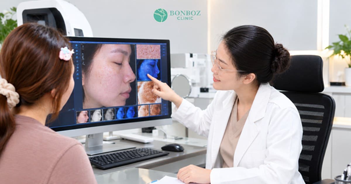 BS.Ths.CKI Kim Kha phân tích tình trạng sẹo rỗ cùng khách hàng tại BonBoz Clinic