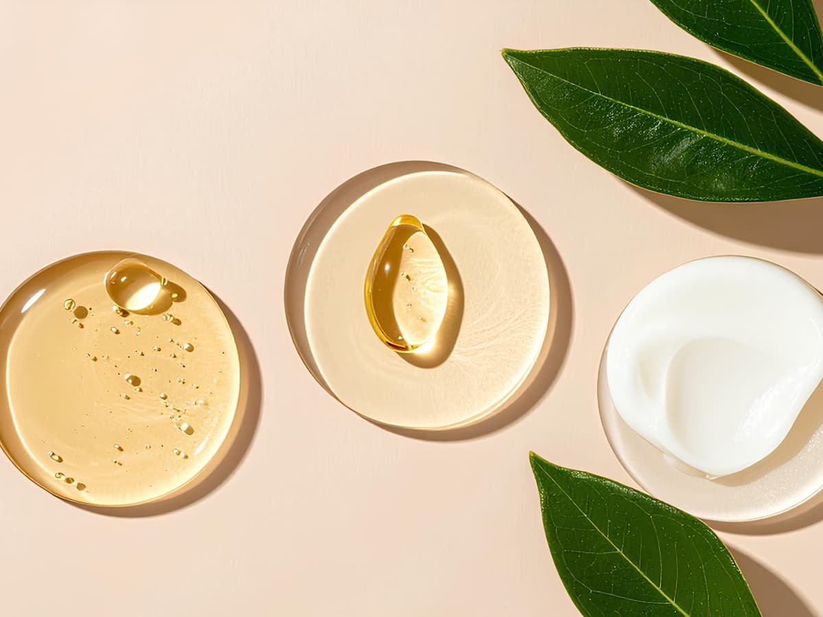 Ảnh minh hoạ — giọt gel dưỡng và lá cây tông ấm tự nhiên