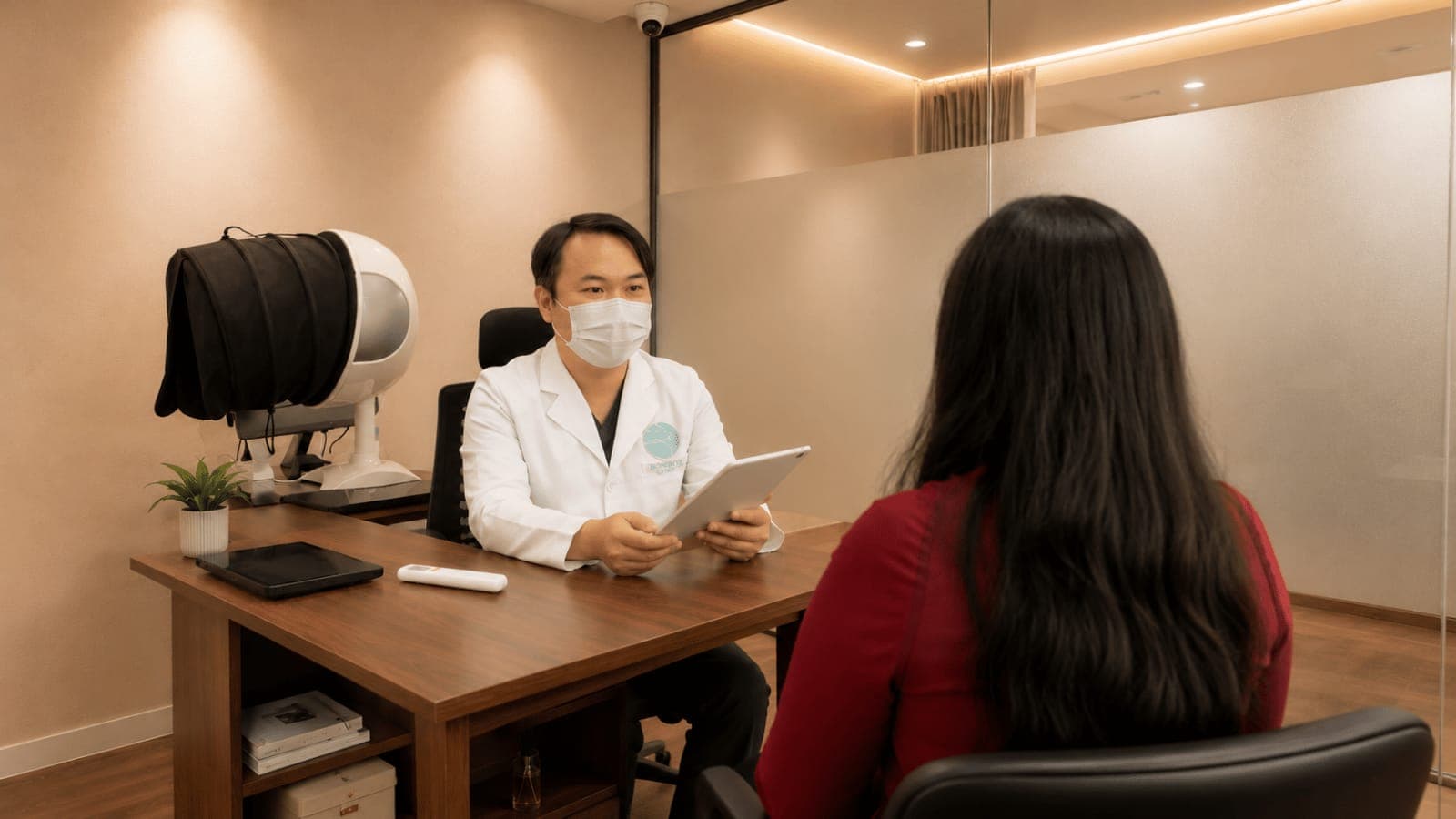 Ảnh minh hoạ — bác sỹ soi da và phân loại mụn cho khách tại BonBoz Clinic, 66–68 Võ Văn Tần, Phường Xuân Hòa, TP.HCM
