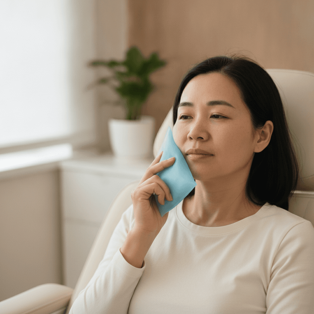 Ảnh minh hoạ — Phụ nữ Việt Nam áp túi chườm mát lên má khi ngồi nghỉ tại phòng khám (ảnh do AI tạo bằng Gemini)