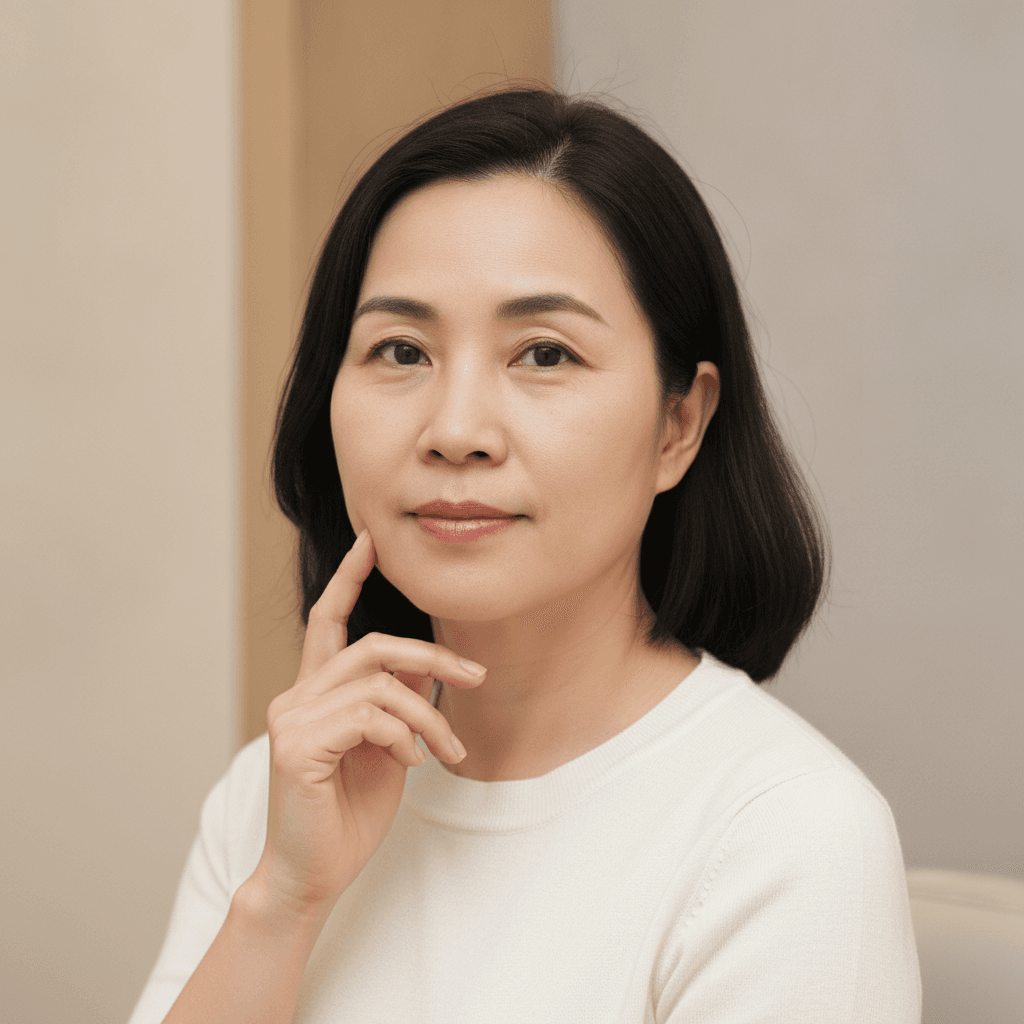 Ảnh minh hoạ — Phụ nữ Việt Nam chạm nhẹ đường viền hàm trong phòng tư vấn thẩm mỹ (ảnh do AI tạo bằng Gemini)