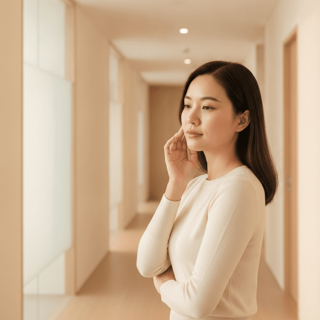 Ảnh minh hoạ — Phụ nữ Việt Nam chạm nhẹ lên má trong hành lang phòng khám (ảnh do AI tạo bằng Gemini)