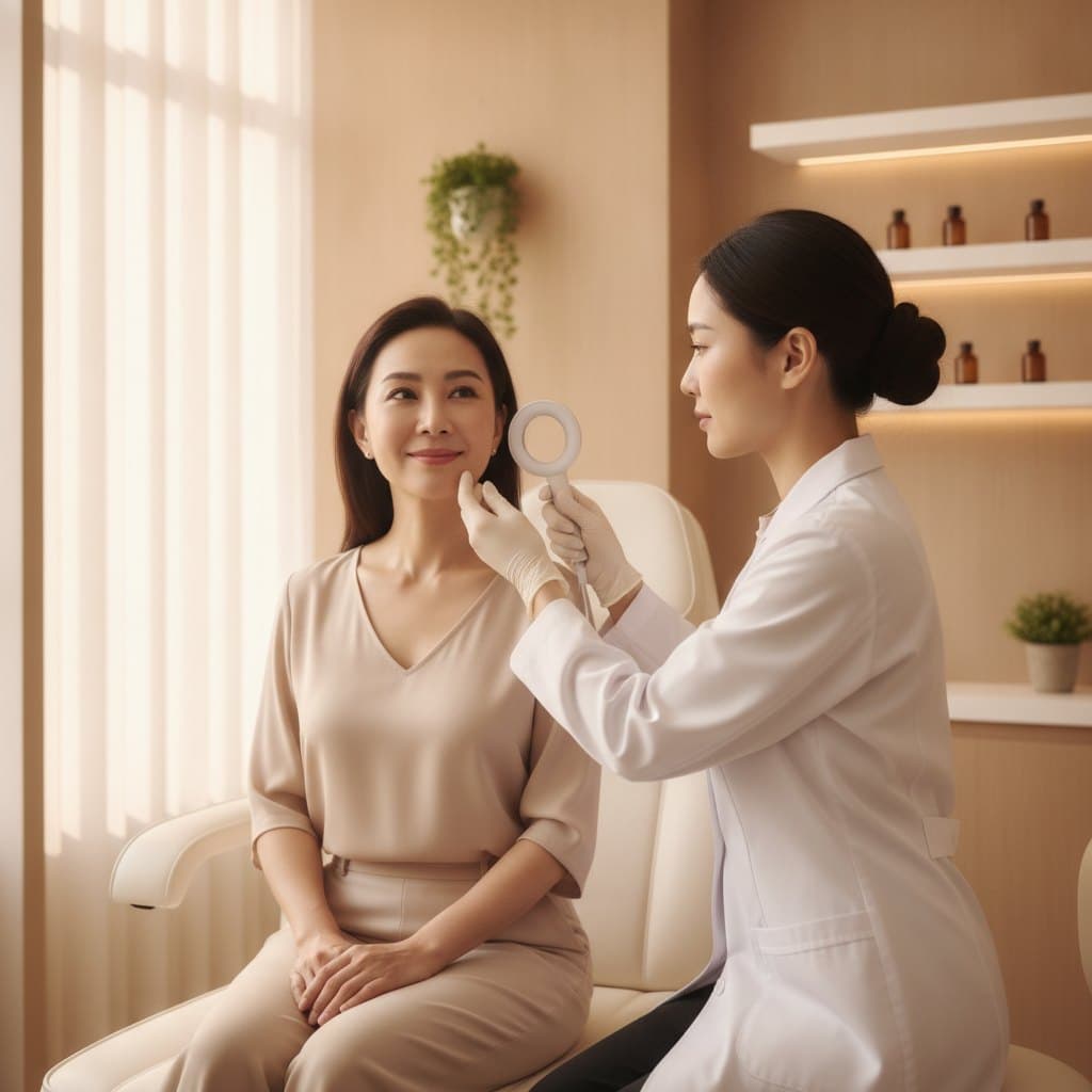 Ảnh minh hoạ — Bác sỹ thăm khám da mặt cho phụ nữ ngoài 40 tuổi tại phòng khám