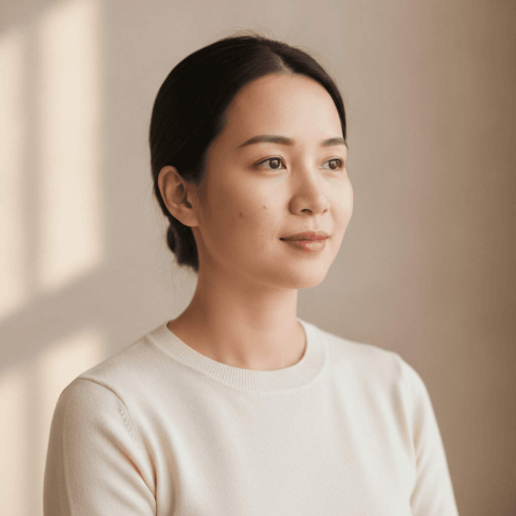 Ảnh minh hoạ — Gương mặt phụ nữ Việt Nam có vài nốt mụn nhỏ trên má (ảnh do AI tạo bằng Gemini)