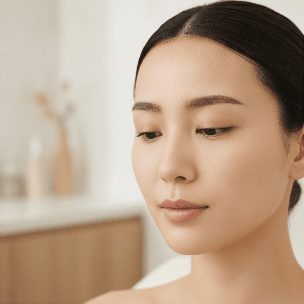 Ảnh minh hoạ (AI-generated — Gemini) — Phụ nữ châu Á quan sát làn da trong ánh sáng tự nhiên