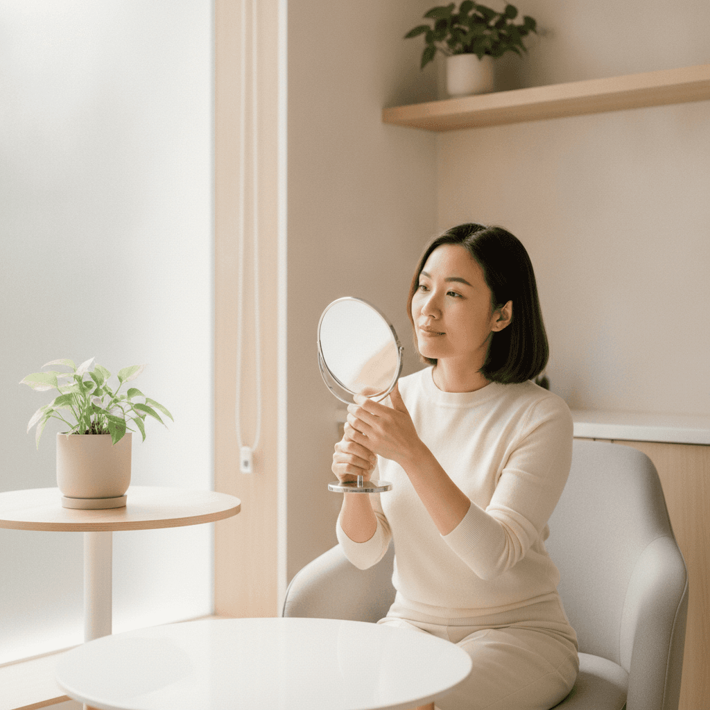 Ảnh minh hoạ — Phụ nữ Việt Nam soi gương quan sát làn da trong phòng tư vấn da liễu (ảnh do AI tạo bằng Gemini)