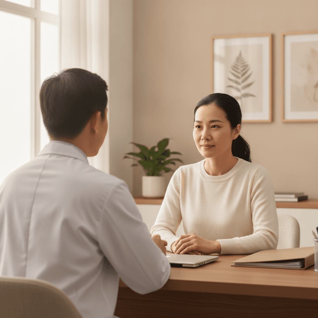 Ảnh minh hoạ — Khách hàng trao đổi với bác sỹ về kế hoạch tiêm cho toàn gương mặt (ảnh do AI tạo bằng Gemini)