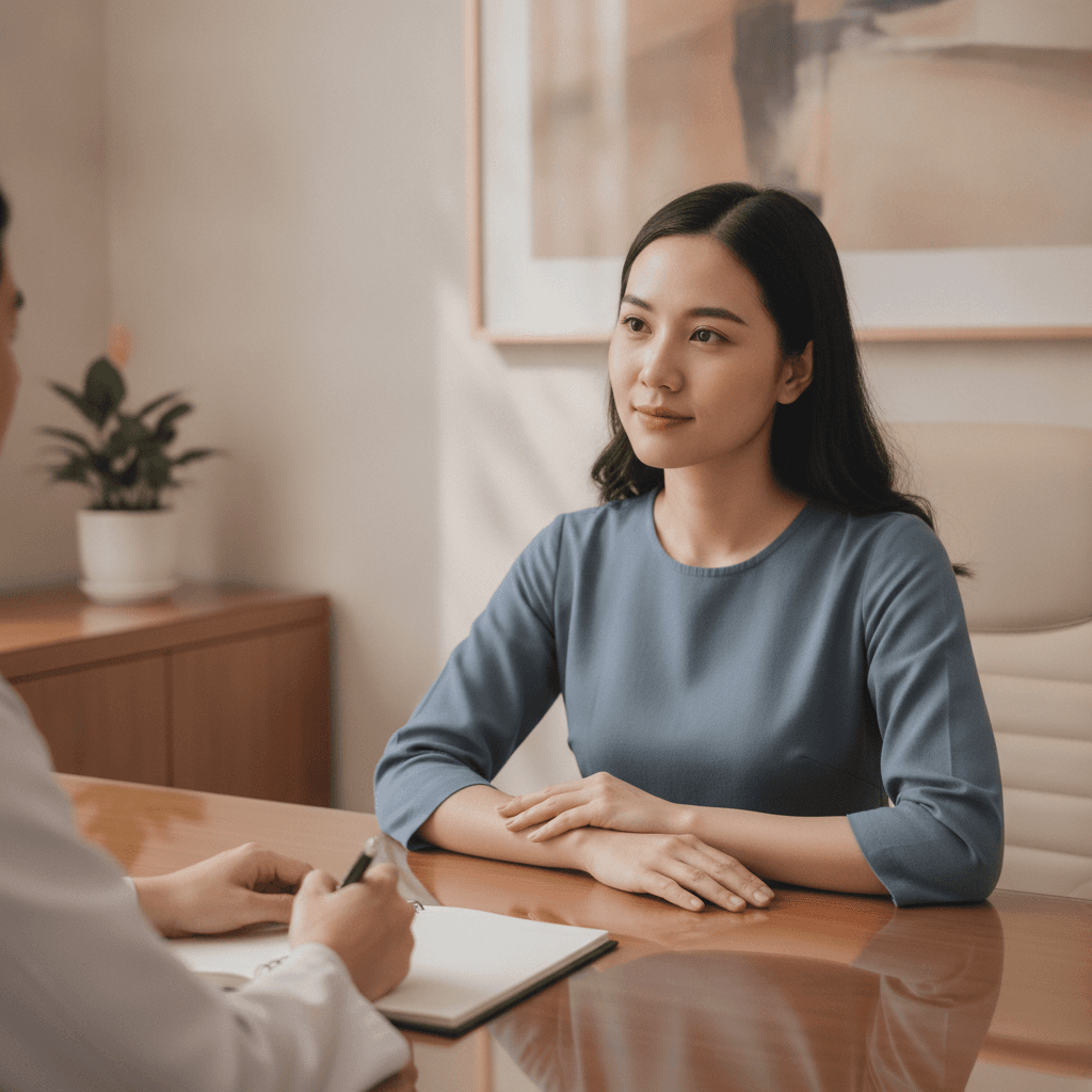 Ảnh minh hoạ — Khách hàng trao đổi với bác sỹ trong phòng tư vấn trước khi chọn phương pháp (ảnh do AI tạo bằng Gemini)