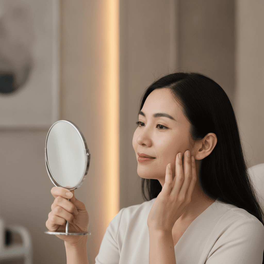 Ảnh minh hoạ (AI-generated — Gemini) — Phụ nữ Việt Nam quan sát vùng má sau tư vấn thẩm mỹ