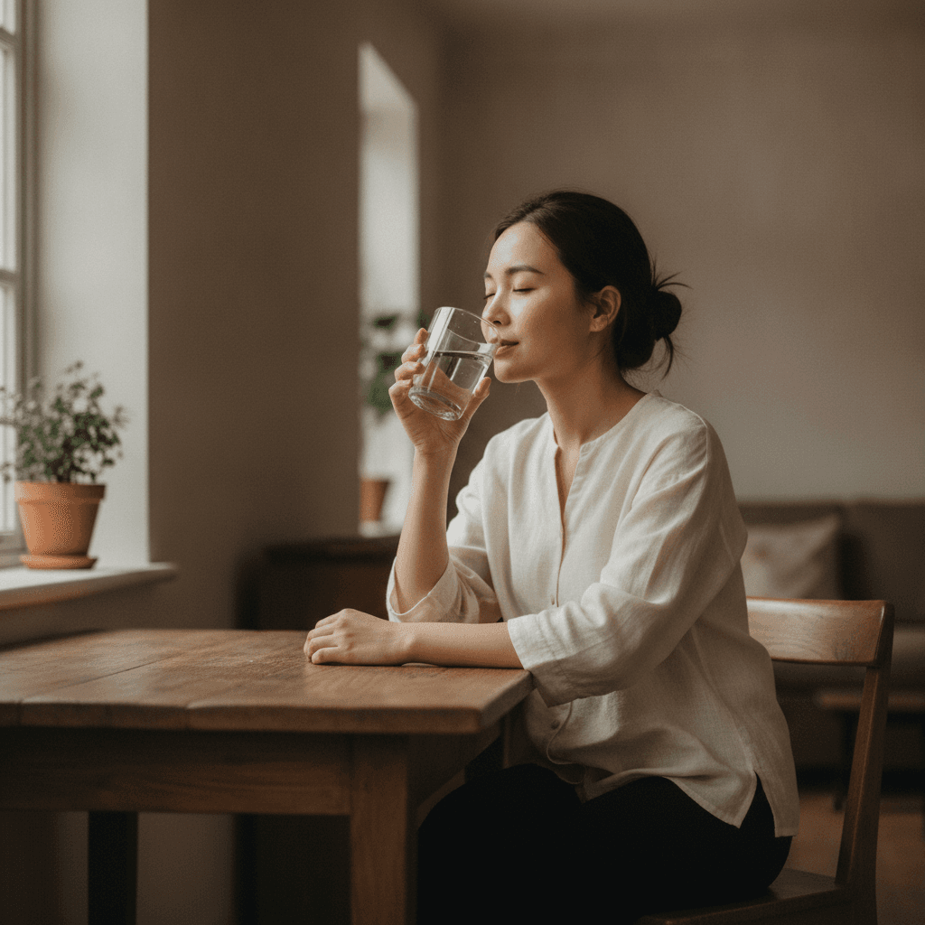 Ảnh minh hoạ — Phụ nữ Việt Nam uống một cốc nước bên bàn gỗ ở nhà (ảnh do AI tạo bằng Gemini)