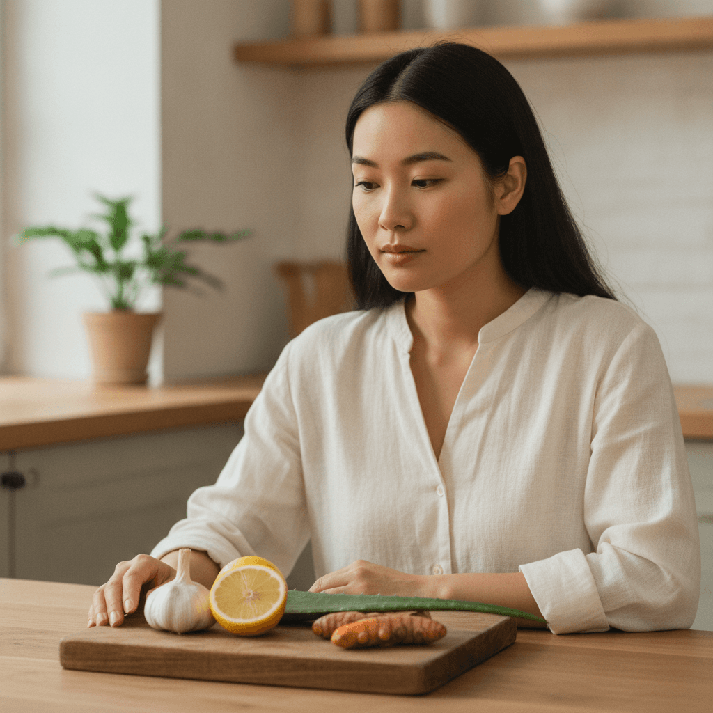 Ảnh minh hoạ — Phụ nữ Việt Nam nhìn chanh, tỏi, nha đam và nghệ tươi trên thớt gỗ (ảnh do AI tạo bằng Gemini)