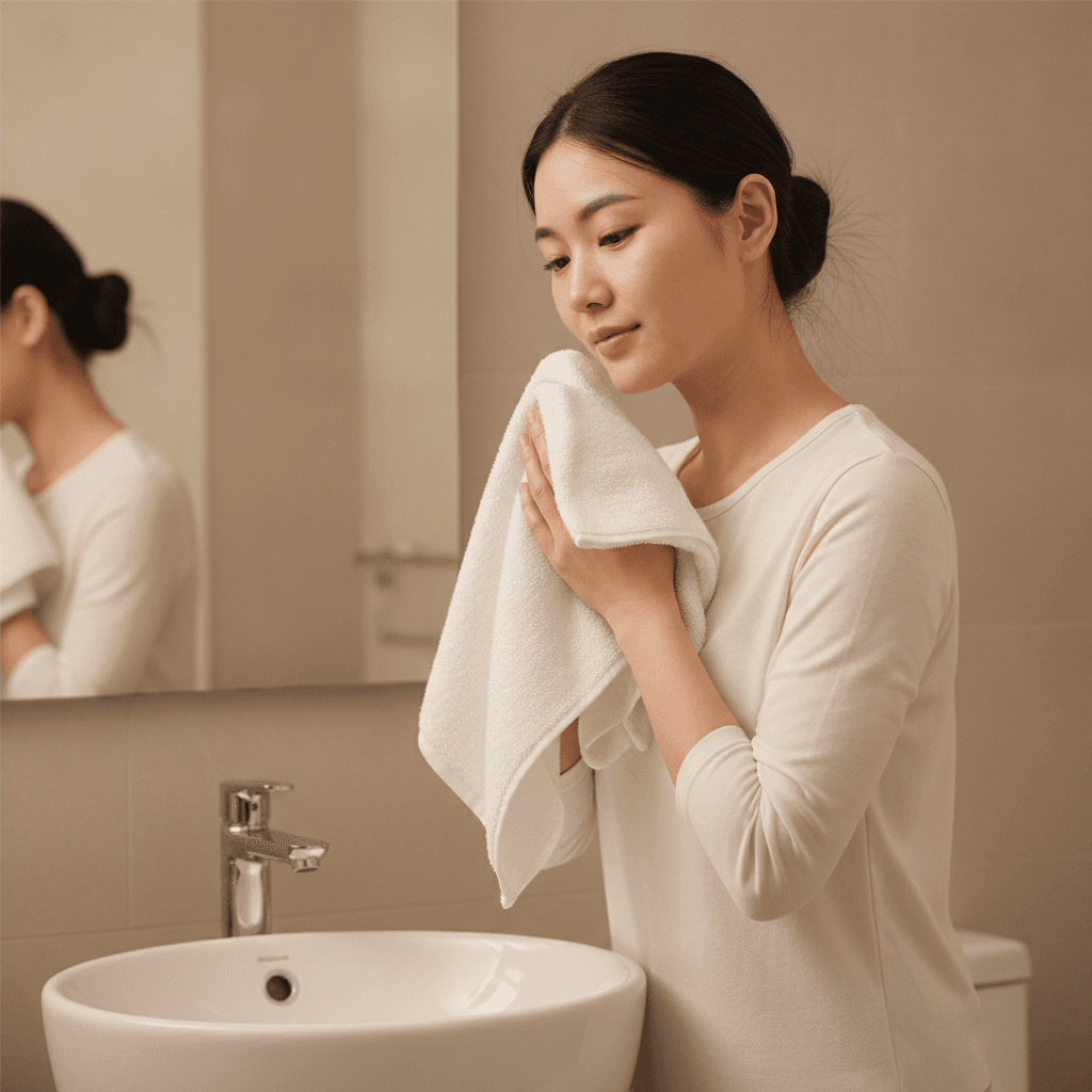 Ảnh minh hoạ — Phụ nữ Việt Nam lau mặt nhẹ nhàng bằng khăn sau khi rửa mặt (ảnh do AI tạo bằng Gemini)